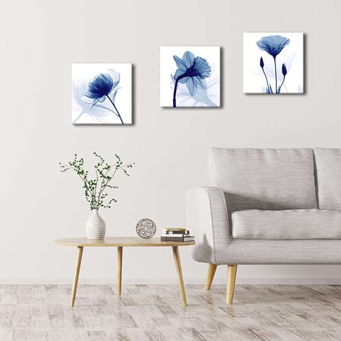 Blue Abstract Flowers 3 Panels Canvas Prints Wall Art Modern Pictures Artwork for Living Room Bedroom and Home Decorations