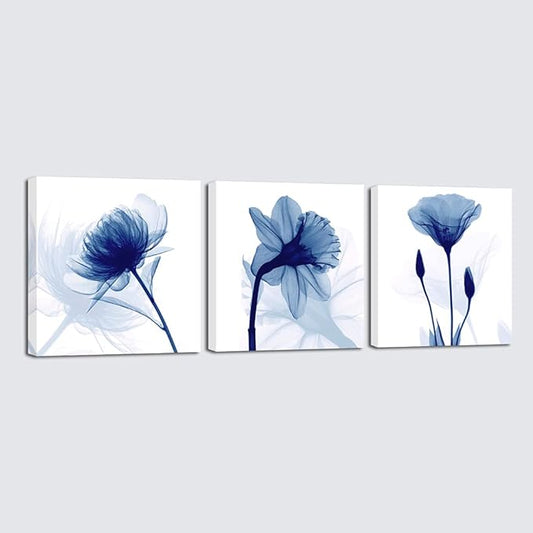 Blue Abstract Flowers 3 Panels Canvas Prints Wall Art Modern Pictures Artwork for Living Room Bedroom and Home Decorations