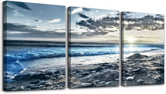 Canvas Wall Art For Living Room Farmhouse Wall Decor For Bedroom Office Wall Decoration Blue Beach Wall Painting Ocean Sea Wave Pictures Poster Print Artwork Room Home Walls Decor 3 Piece