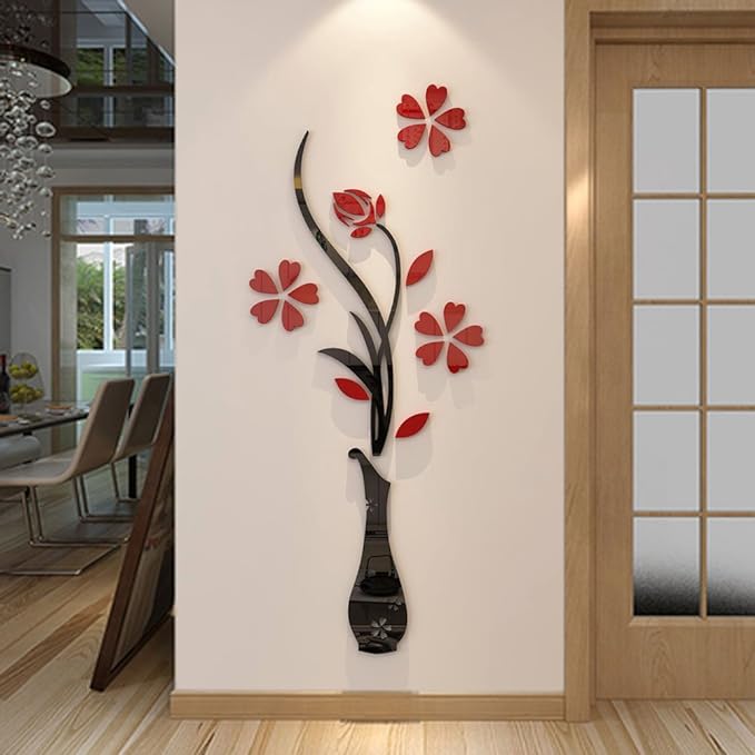 3D Vase Wall Murals for Living Room & Bedroom, DIY Wall Decal, Originality Stickers Gift, Red, 59 X 23 inches