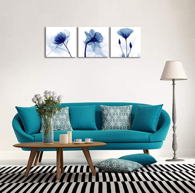 Blue Abstract Flowers 3 Panels Canvas Prints Wall Art Modern Pictures Artwork for Living Room Bedroom and Home Decorations