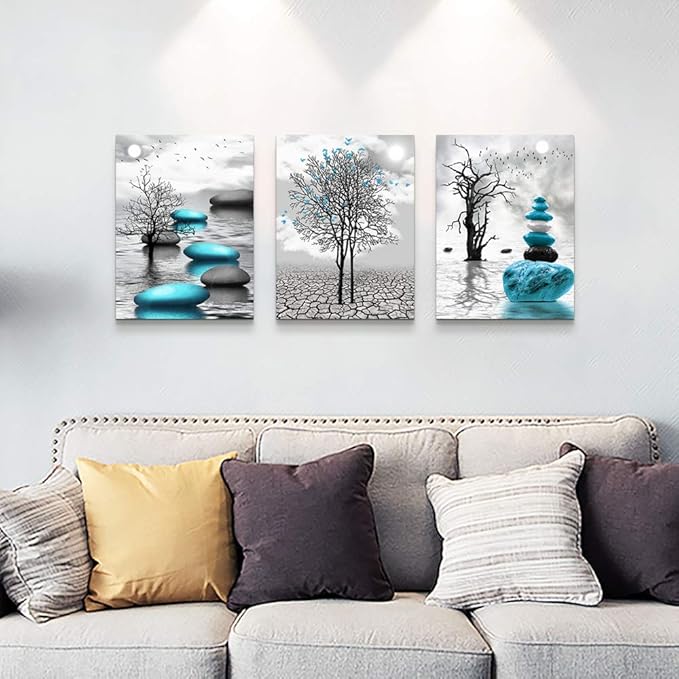 Canvas Wall Art for Living Room Wall Decor for Bedroom Bathroom Black and White Paintings Modern 3 Piece Framed Canvas Art Prints Ready to Hang Inspirational Abstract Blue Pictures Home Decorations