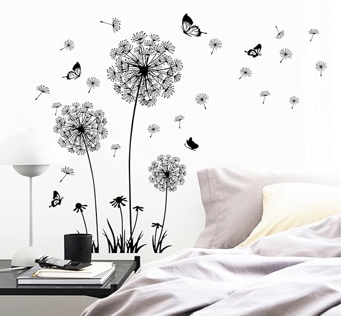 2 Set Dandelion Wall Decals Flower Stickers Murals Butterflies Wall Decor for Bedroom Office Bathroom Living Room Floral Wall Decals Removable Wall Art Decoration Peel and Stick Room Wall Decor