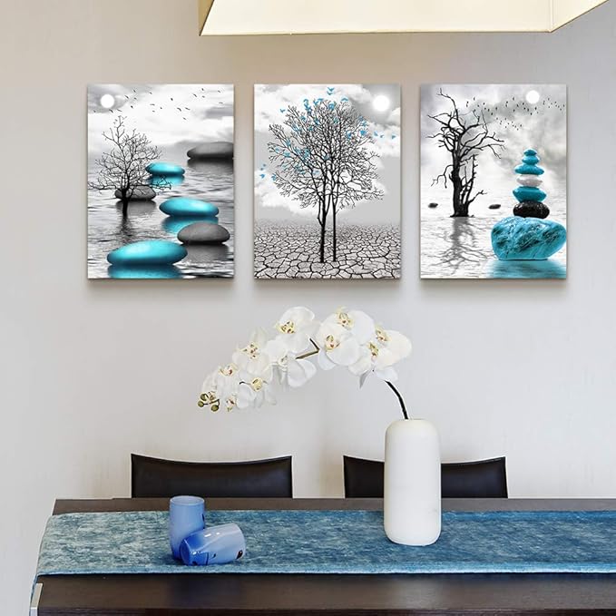 Canvas Wall Art for Living Room Wall Decor for Bedroom Bathroom Black and White Paintings Modern 3 Piece Framed Canvas Art Prints Ready to Hang Inspirational Abstract Blue Pictures Home Decorations