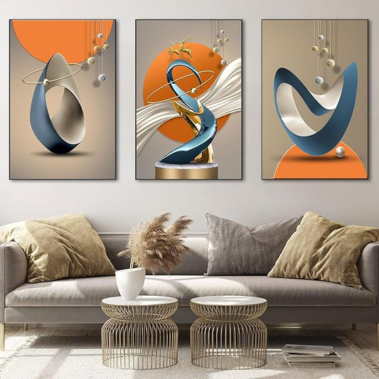 3 Pcs Modern Abstract Canvas Wall art Golden Deer Luxury Foil Lines Paintings Pictures Wall Decor White Blue orange color Grey posters Prints for Living Room Bedroom Office Home Decoration