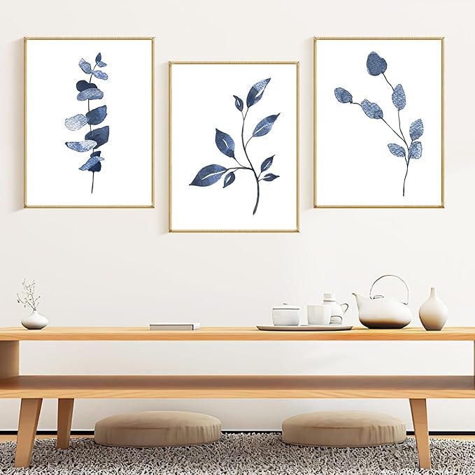 Navy Blue Wall Art, Blue Wall Art, Set of 6 Blue Canvas Wall Art, Bohemian Flower Minimalist Abstract Print, Blue and White Leaf Blue Flower Wall Art for Decorating Bathroom, Bedroom, Living Room