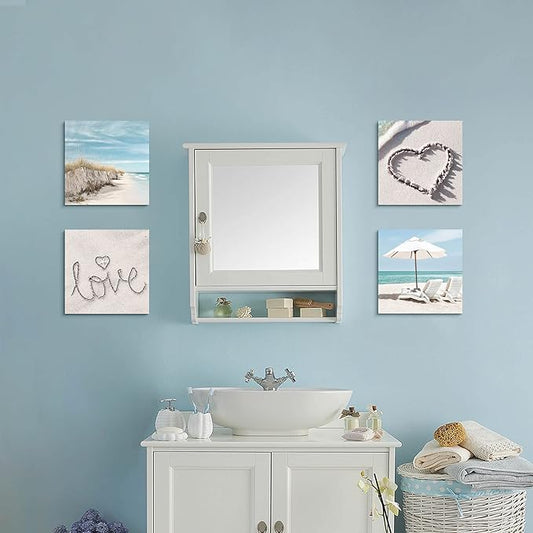 Canvas Beach Wall Art: Bathroom Living Room Pictures Ocean Theme Painting Wall Decor 4 Panel Blue Coastal Prints Sea Scene Artwork Decorations for Home Office