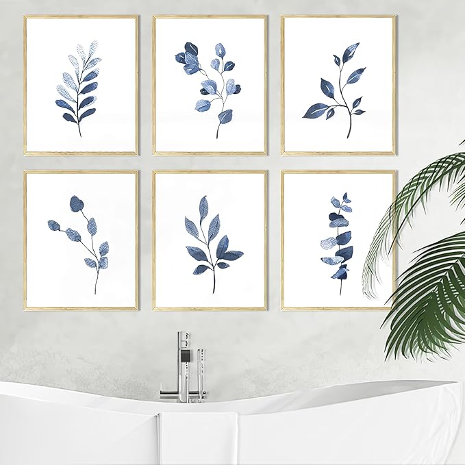 Navy Blue Wall Art, Blue Wall Art, Set of 6 Blue Canvas Wall Art, Bohemian Flower Minimalist Abstract Print, Blue and White Leaf Blue Flower Wall Art for Decorating Bathroom, Bedroom, Living Room