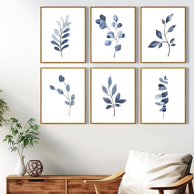 Navy Blue Wall Art, Blue Wall Art, Set of 6 Blue Canvas Wall Art, Bohemian Flower Minimalist Abstract Print, Blue and White Leaf Blue Flower Wall Art for Decorating Bathroom, Bedroom, Living Room