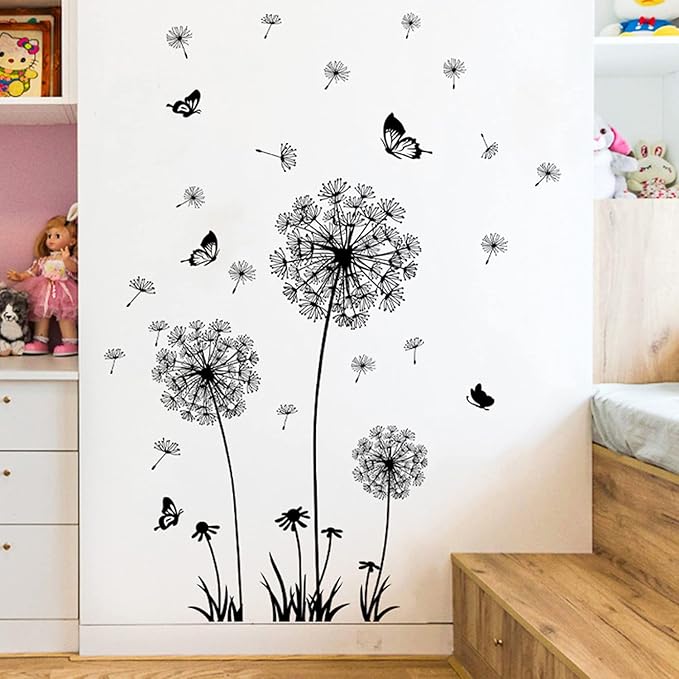 2 Set Dandelion Wall Decals Flower Stickers Murals Butterflies Wall Decor for Bedroom Office Bathroom Living Room Floral Wall Decals Removable Wall Art Decoration Peel and Stick Room Wall Decor