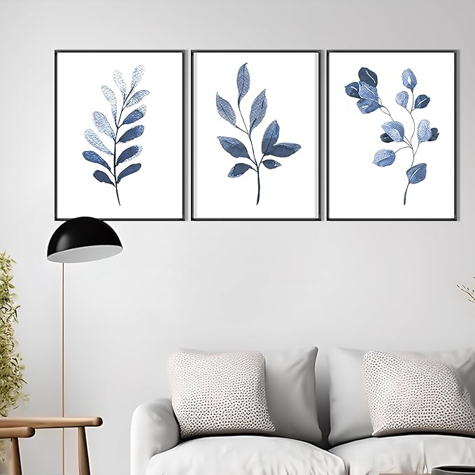 Navy Blue Wall Art, Blue Wall Art, Set of 6 Blue Canvas Wall Art, Bohemian Flower Minimalist Abstract Print, Blue and White Leaf Blue Flower Wall Art for Decorating Bathroom, Bedroom, Living Room