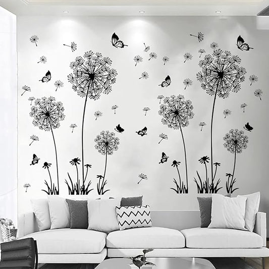 2 Set Dandelion Wall Decals Flower Stickers Murals Butterflies Wall Decor for Bedroom Office Bathroom Living Room Floral Wall Decals Removable Wall Art Decoration Peel and Stick Room Wall Decor