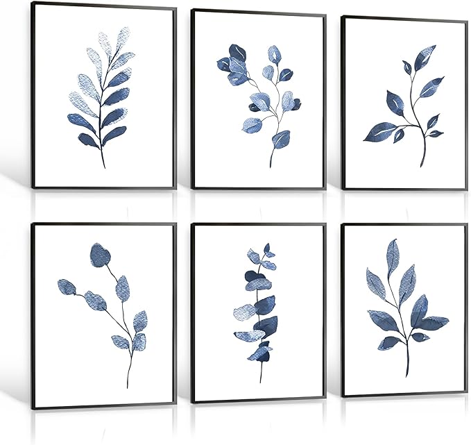 Navy Blue Wall Art, Blue Wall Art, Set of 6 Blue Canvas Wall Art, Bohemian Flower Minimalist Abstract Print, Blue and White Leaf Blue Flower Wall Art for Decorating Bathroom, Bedroom, Living Room