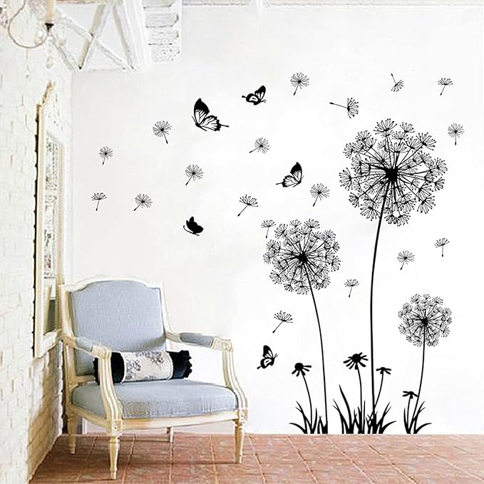 2 Set Dandelion Wall Decals Flower Stickers Murals Butterflies Wall Decor for Bedroom Office Bathroom Living Room Floral Wall Decals Removable Wall Art Decoration Peel and Stick Room Wall Decor