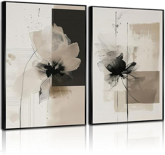 2Pcs Neutral Abstract Canvas Wall Art Floral Pictures Modern Minimalist Posters Prints Beige Black Flower Wall Decoration for Living Room Bedroom Bathroom Office 12x16in Unframed