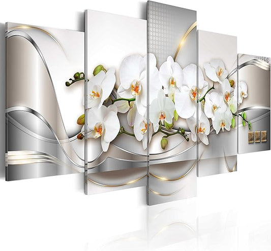 5 Panel Butterfly Orchid Flowers Canvas Print Wall Art Painting Decor for Home Decoration Picture for Bedroom Framed Ready to Hang White Floral Artwork